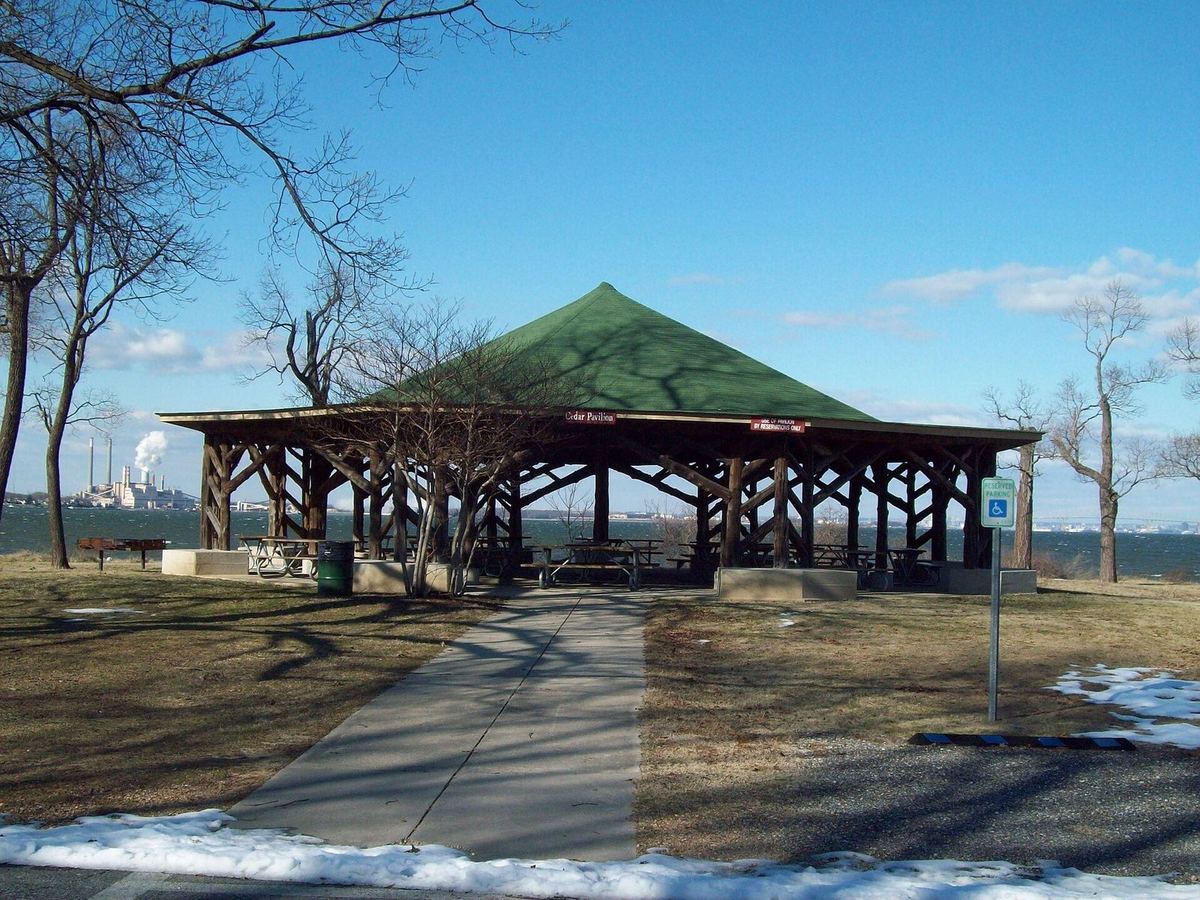 Cedar Pavilion at Fort Smallwood Park with the Patapsco River behind